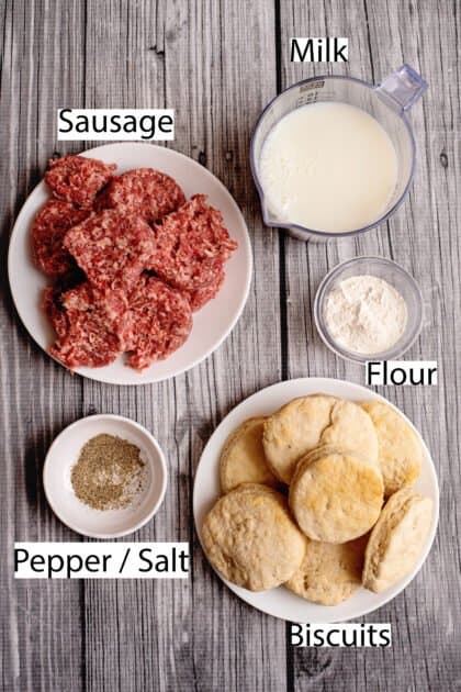 Labeled ingredients for how to make sausage gravy.