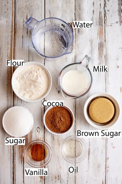 Labeled ingredients for chocolate cobbler.