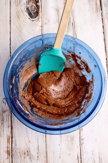 Stir together chocolate cobbler batter.