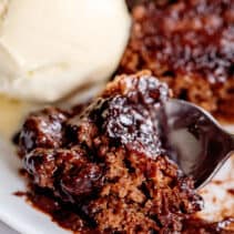 Spoonful of chocolate cobbler.