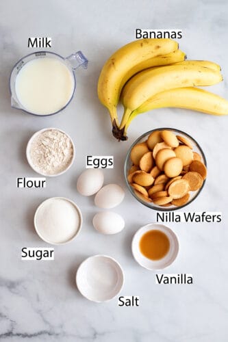 Labeled ingredients for homemade banana pudding.
