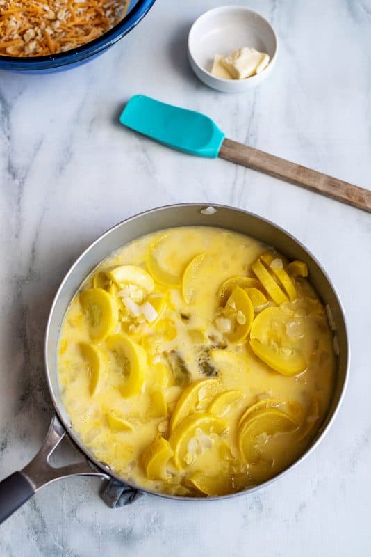Stir up squash casserole ingredients in skillet.