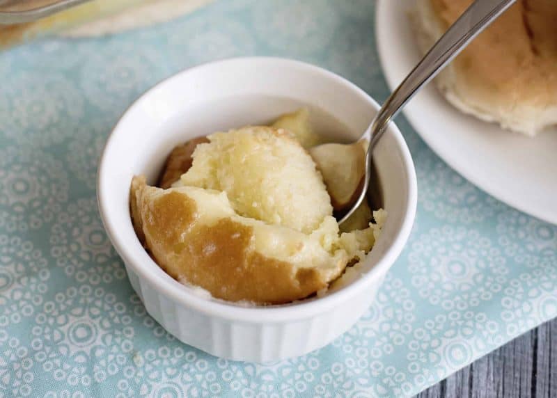 A bowl of bread pudding.