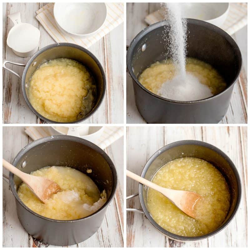 Cook pineapple and sugar in saucepot.