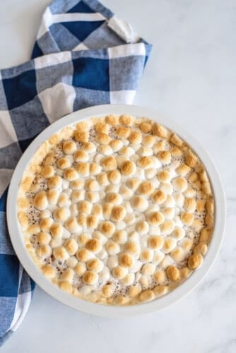 Finished sweet potato casserole with marshmallows.