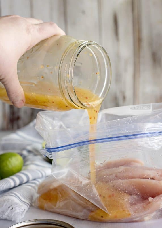 Pour marinade on the chicken in ziplock bag and refrigerate.