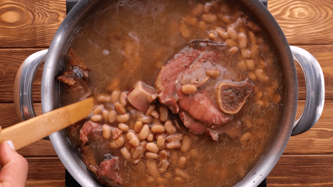 Pinto beans and ham after simmering for hours.