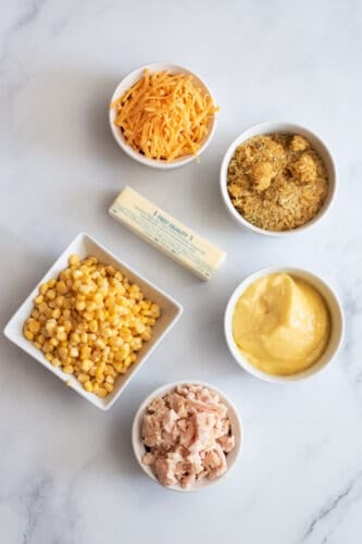 Recipe ingredients for cheesy chicken and corn casserole.