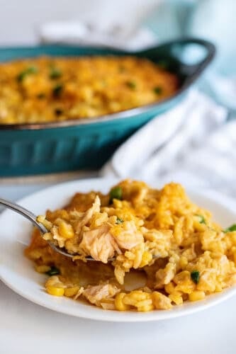 Forkful of chicken and corn casserole.