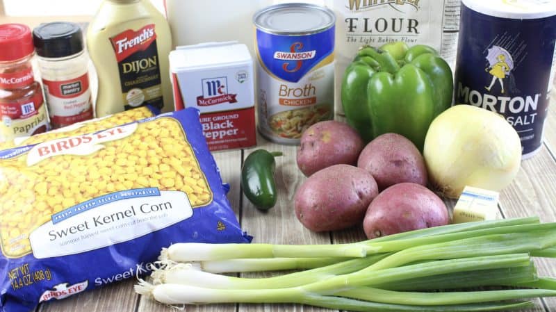 Recipe ingredients for potato corn chowder.