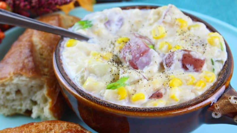 Bowl of potato corn chowder.