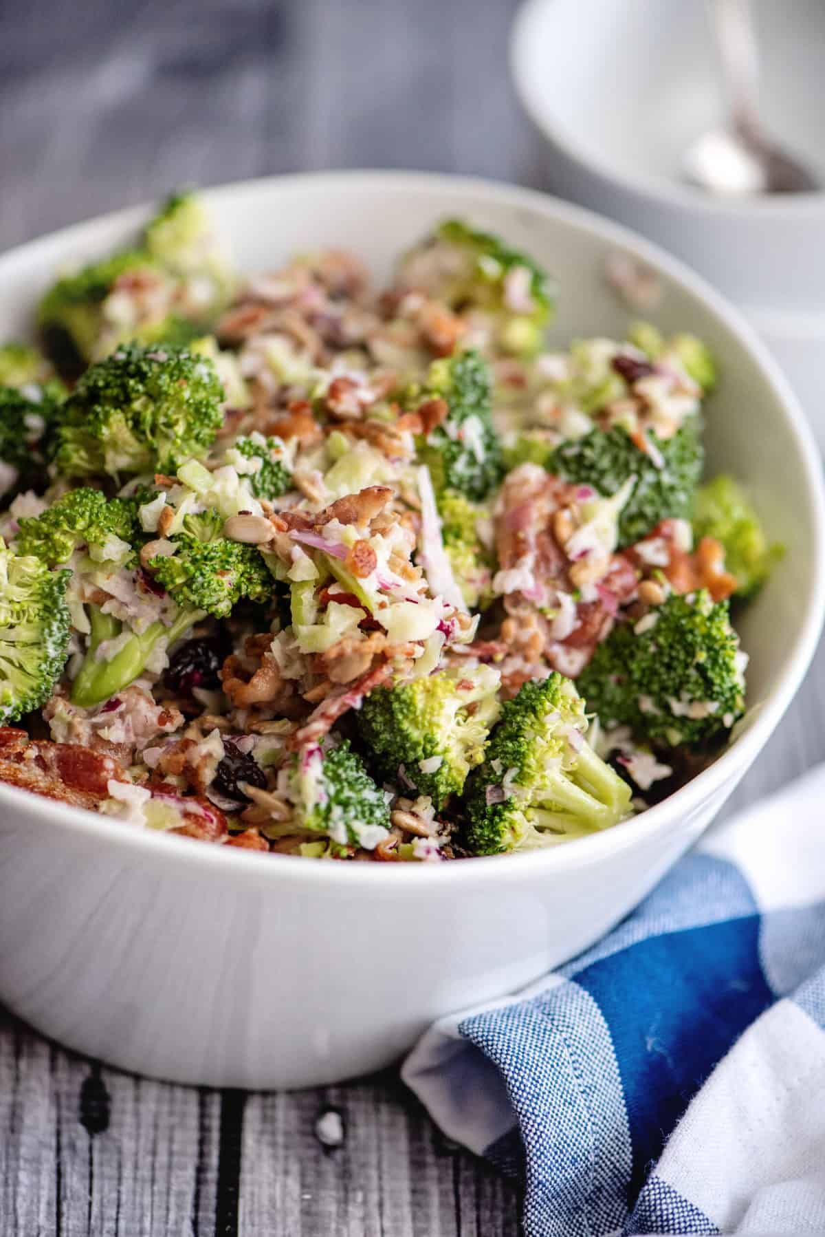 Bowl of broccoli salad with bacon.