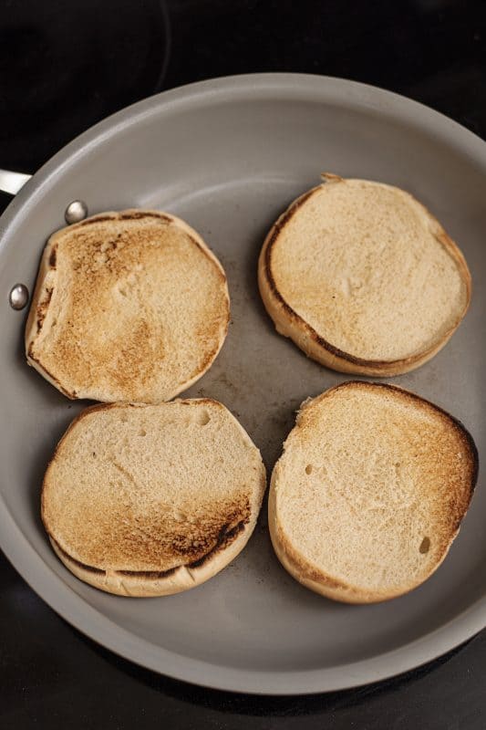toasting buns in different skillet.