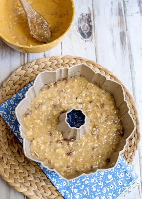 Pour cake batter into greased bundt pan.