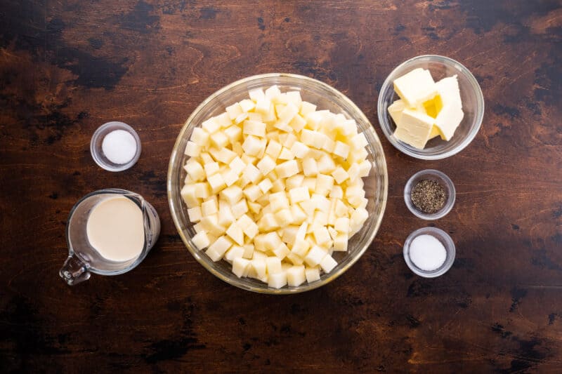 Ingredients for homemade mashed potatoes with evaporated milk.