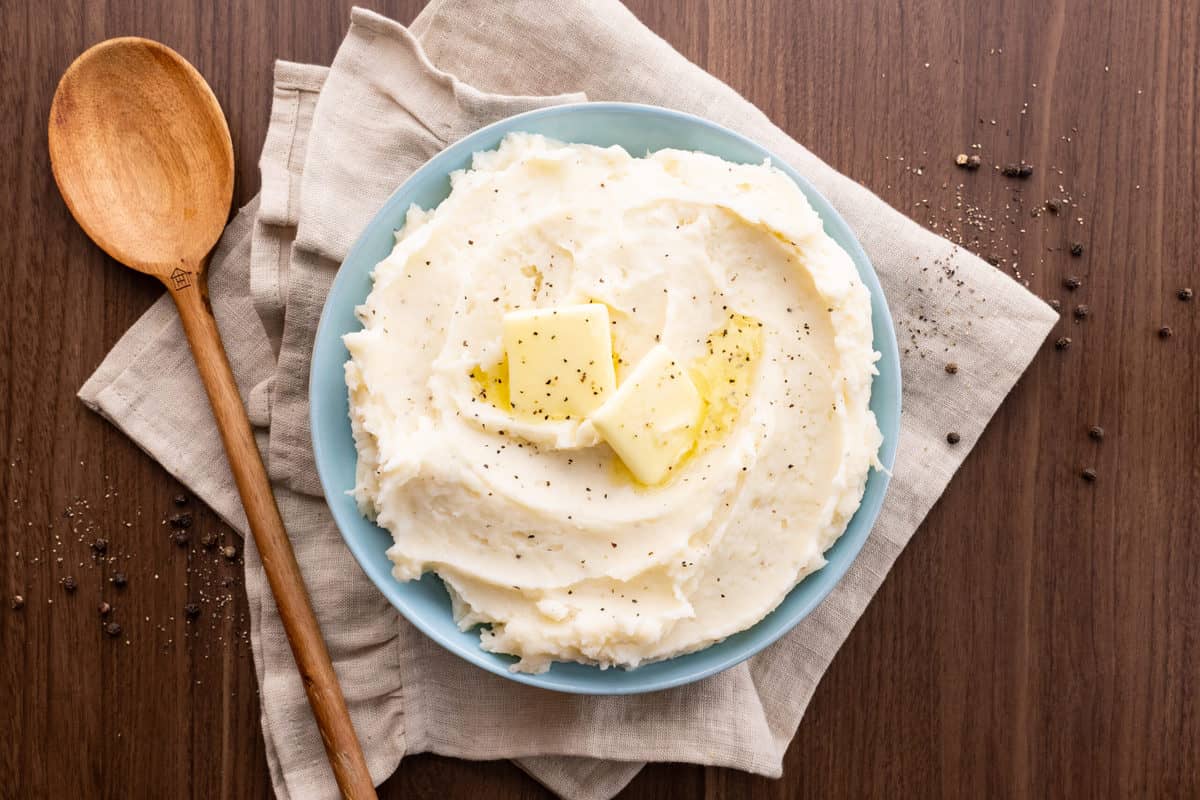 Homemade mashed potatoes with evaporated milk.