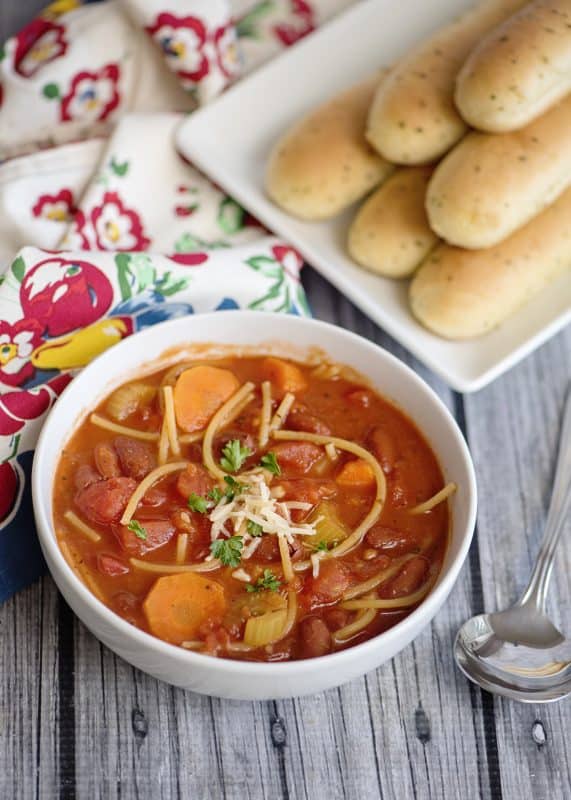 Bowl of spaghetti soup.