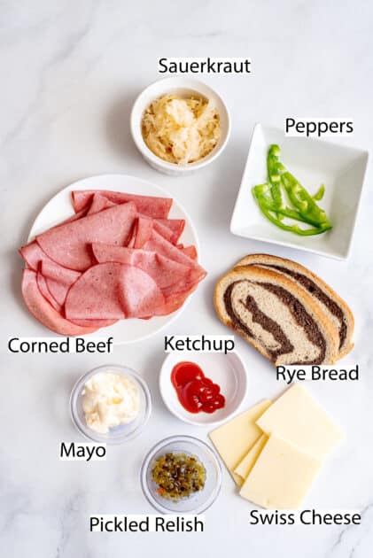 Labeled ingredients for classic Reuben sandwich recipe.