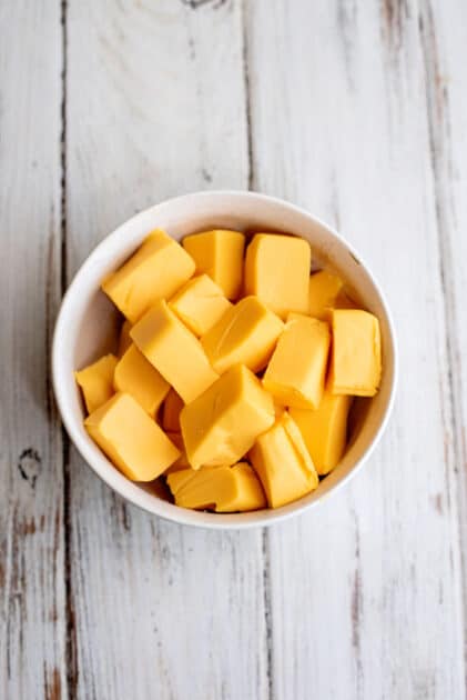 maccheesemama-231 cubes of Velveeta cheese in a bowl