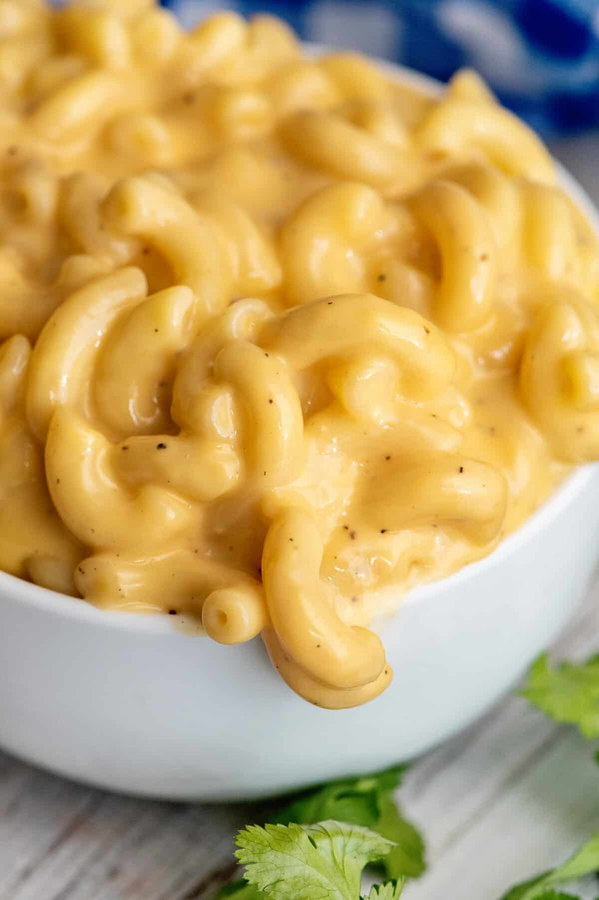 Bowl of creamy Velveeta baked mac and cheese recipe.