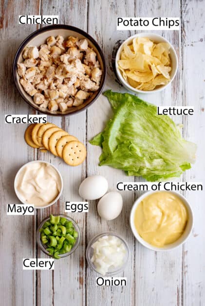 Labeled ingredients for hot chicken salad.