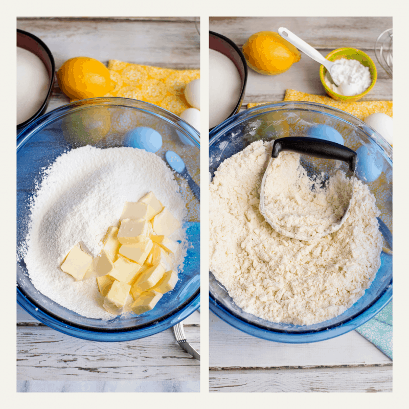 Cut in butter until mixture clings together.