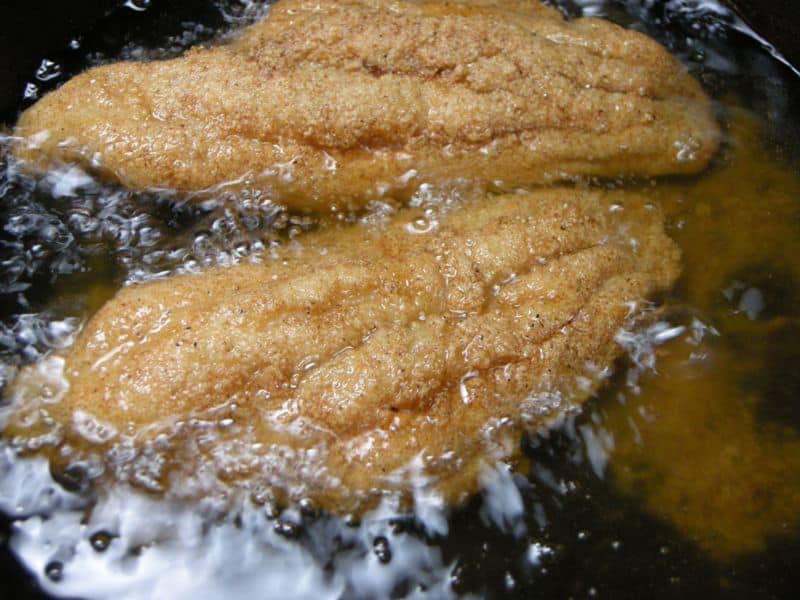 Fried catfish fillets in oil.