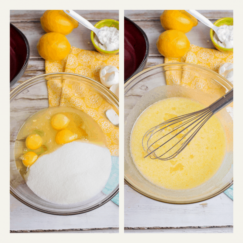 Beat together eggs, sugar, and lemon juice.