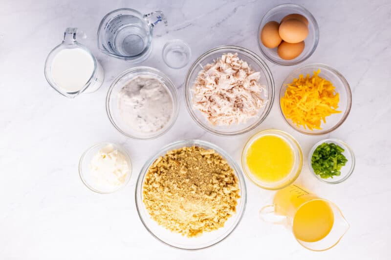Overhead shot of ingredients for chicken poulet.
