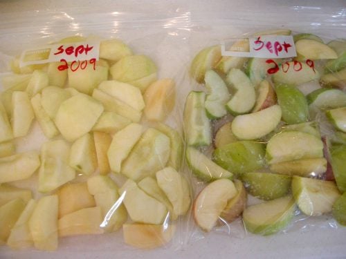 Bags of apples for freezing.