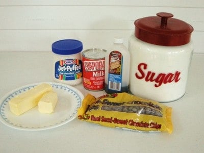 Ingredients for recipe for chocolate fudge.