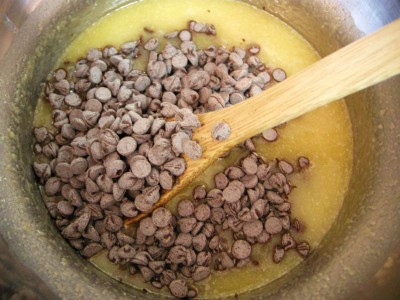 Remove pot from heat and add chocolate chips.
