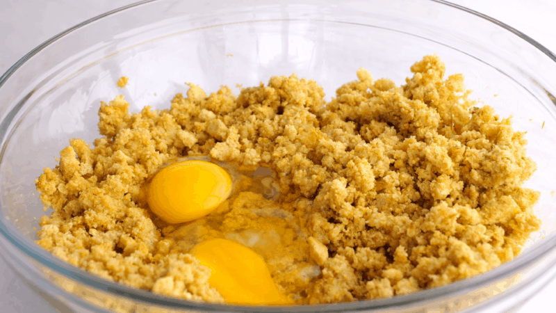 Eggs on top of stuffing mixture.