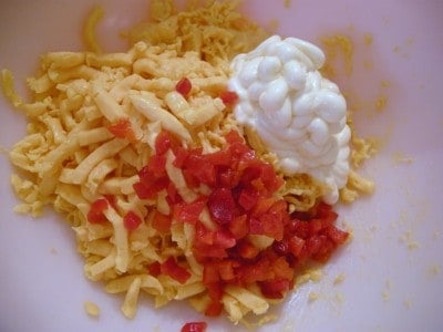 pimento cheese ingredients in mixing bowl