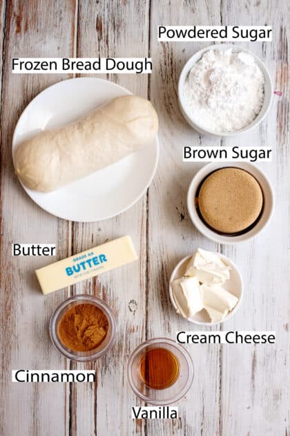 Labeled ingredients for easy homemade cinnamon rolls.