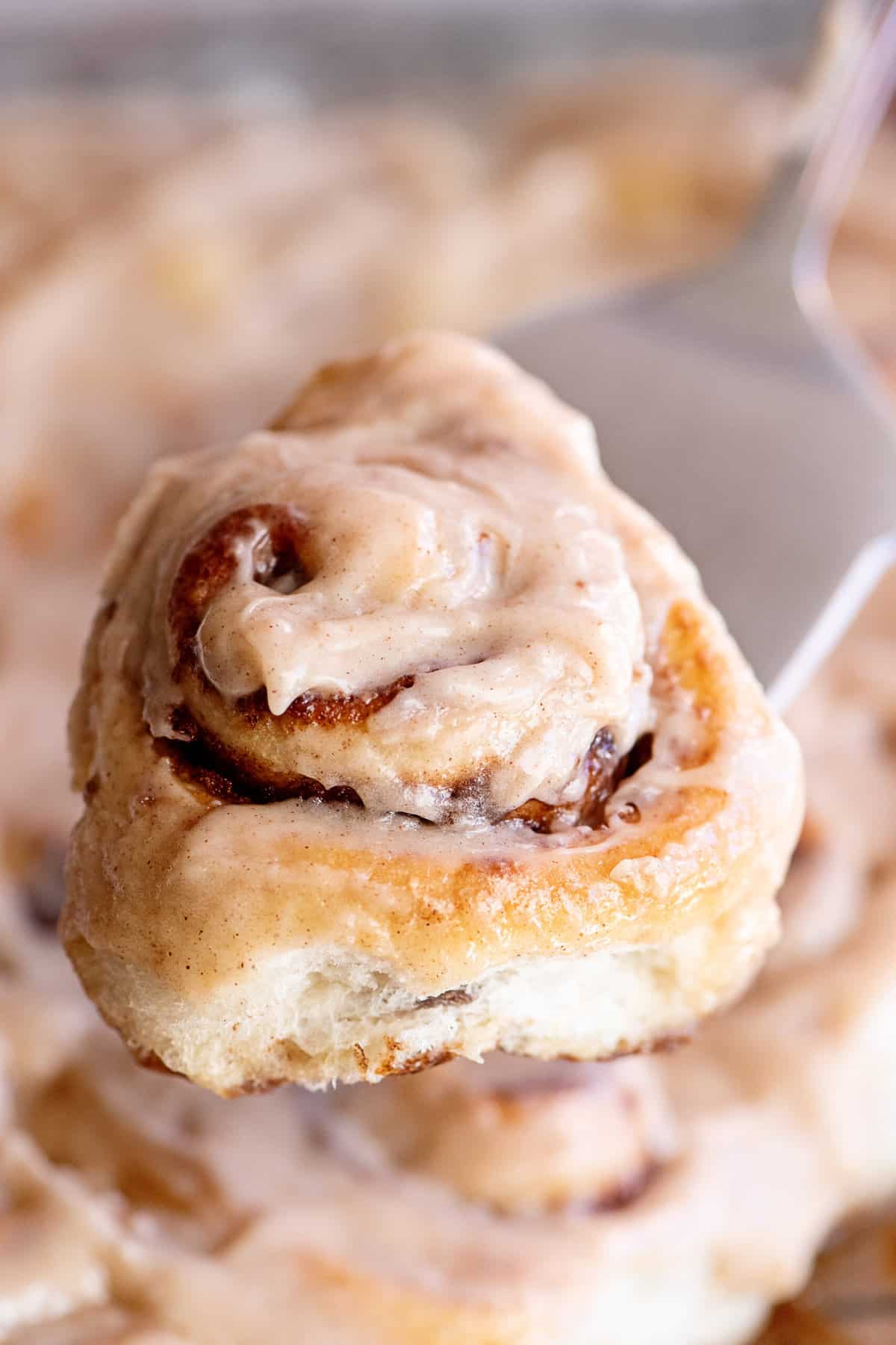 A homemade cinnamon roll on a spatula.