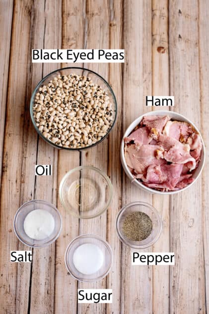 Labeled ingredients for black eyed peas and ham.