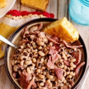 Big bowl of black eyed peas and ham.