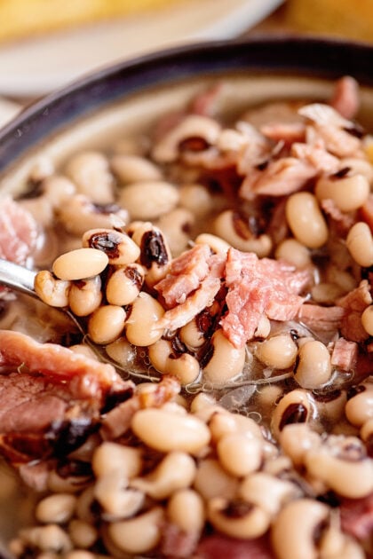 Spoonful of black eyed peas and ham