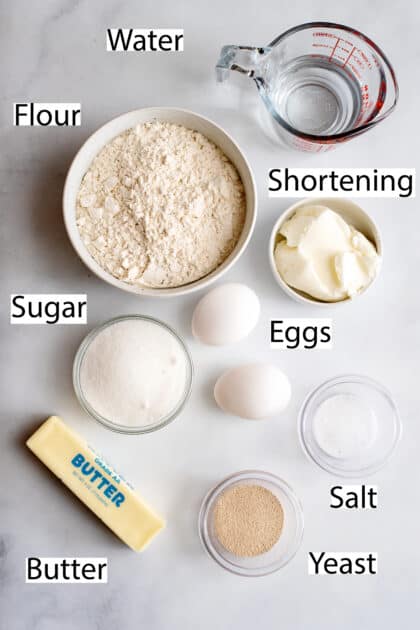 Labeled ingredients for easy yeast rolls.