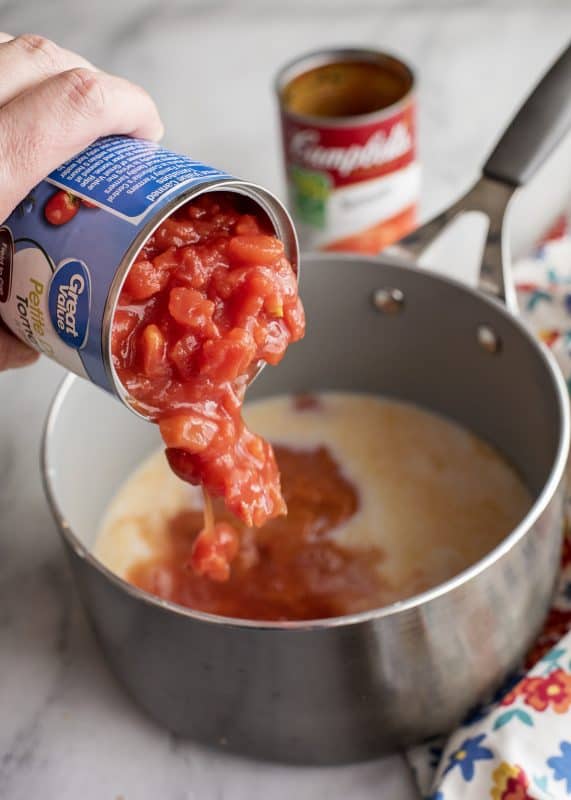 Add can of tomatoes to saucepot.
