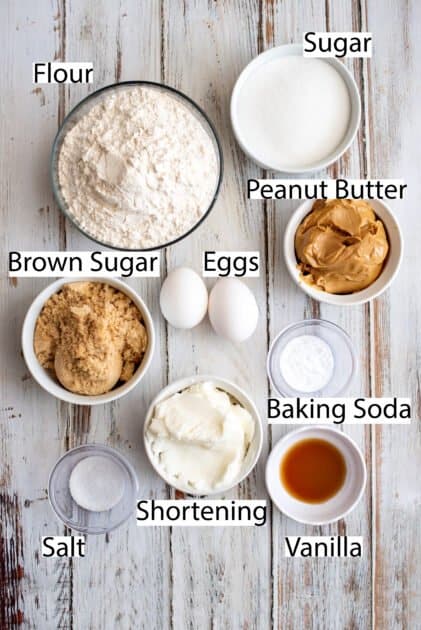 Labeled ingredients for homemade peanut butter cookies.