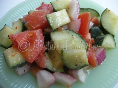 Plate of Italian cucumber salad.