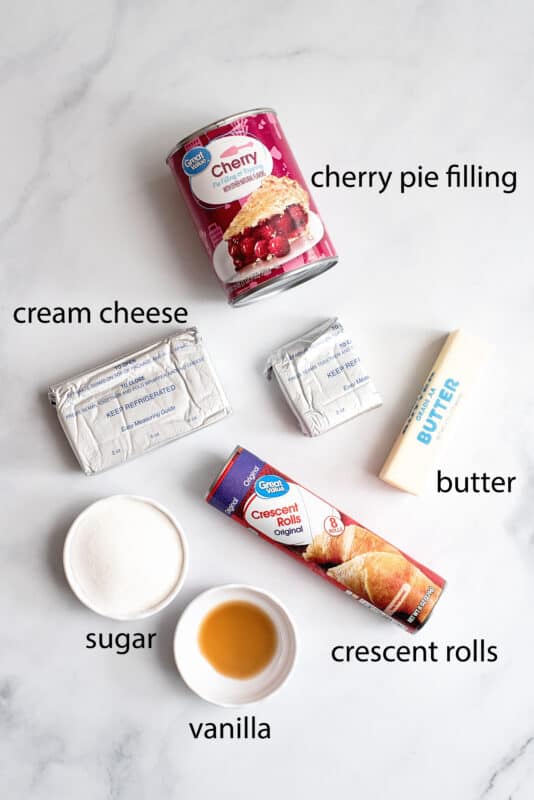 Ingredients crescent rolls, butter, cherry pie filling cream cheese sugar, vanilla