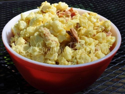 bowl of loaded baked potato salad (Southern summer recipes).