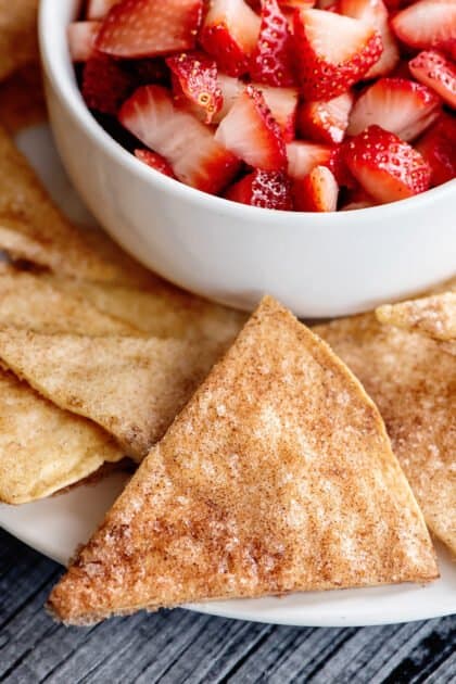 Serve cinnamon tortilla chips with a bowl of fresh fruit salsa.