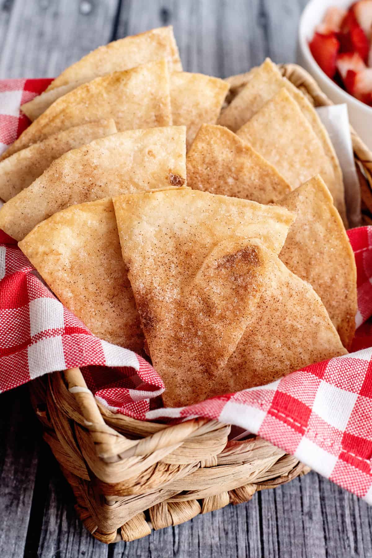 Basket full of cinnamon tortilla chips.