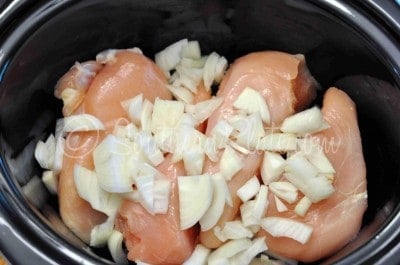 Place chicken breast and onion in slow cooker.