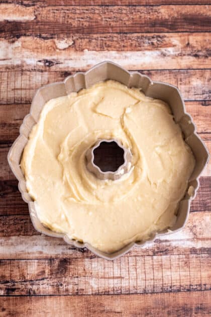 Pour cake batter into bundt pan.