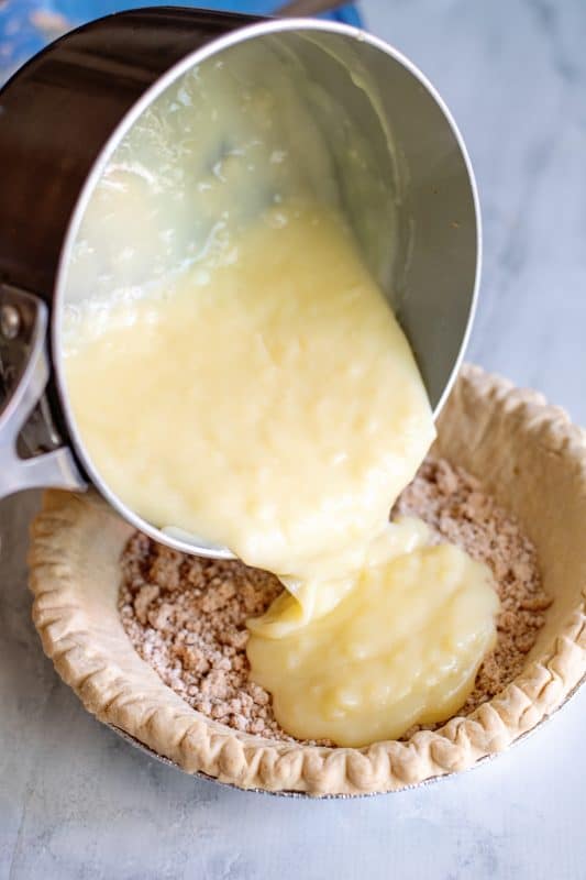 pour the custard in the baked pie crust